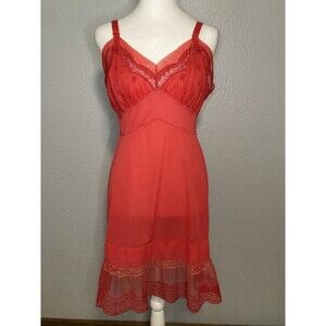 Vintage 50s 60s Red Sz 36 Nightgown Tulle Lace Trim Peignoir Slip Dress Snowdon